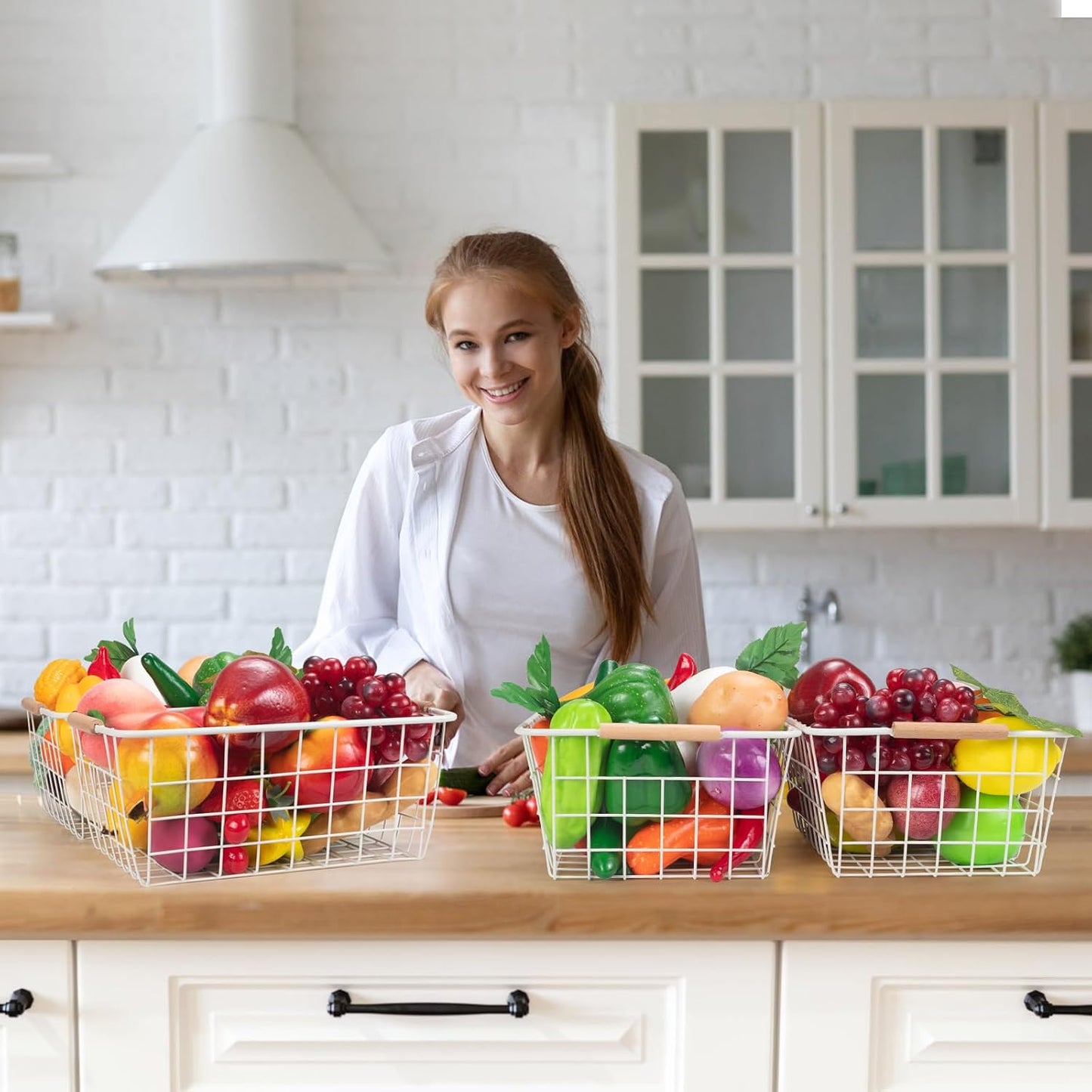Wire Basket 4 Pcs Wire Storage Baskets Wire Baskets Organizing with Wooden Handles Wire Basket Pantry Organization and Storage Metal Wire Food Storage Basket for Kitchen, Cabinets (Black 4PCS)