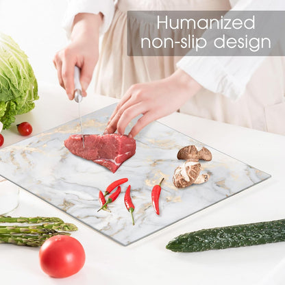 JAMBALAY Tempered Glass Cutting Boards for Kitchen, Gold 12"x8" & 16"x12" Glass Cutting Board Set with Marble Design, With Non Slip Foot, Shatter and Heat Resistant, Dishwasher Safe