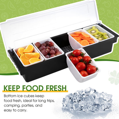Ice Cooled Condiment Serving Container Fruit Veggie Condiment Caddy Plastic Garnish Station with Lid for Fruit,Ice Cream,Salad Bar-Topping Organizer for Restaurant Supplies (3 Compartments)
