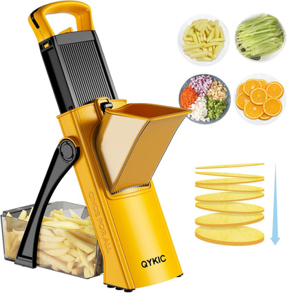 8 in 1 Mandoline Slicer for Kitchen, Vegetable Chopper, Potato Slicer, Fry Cutter Onion Chopper with Drain Basket Food Container with Lid, Stainless Steel Cheese Grater for Quick Meal Pre (Black)