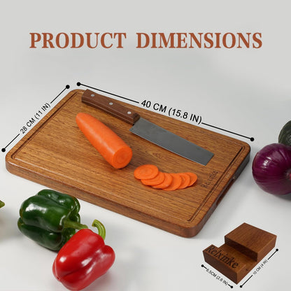 Solid Teak Wood Cutting Board Set One Piece Non Glued Large Thick Crack Resistant Wooden Chopping Board with DeepJuice Grooves Built in Handles for Kitchen Meat Bread 15x10.2IN &11.8 * 7.9IN