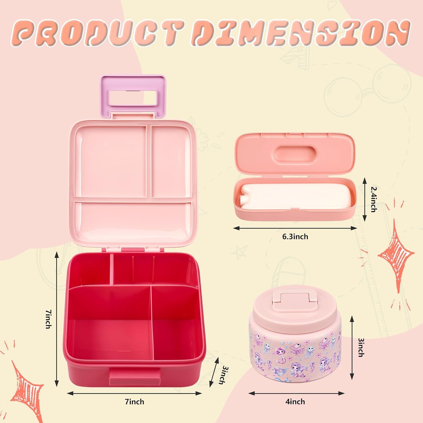 Bento Lunch Box for Kids with 8oz Soup Thermo Leak-Proof Lunch Food Containers with Snack Sauce Container for Kid Girls Boys to School (Pink Mermaid)