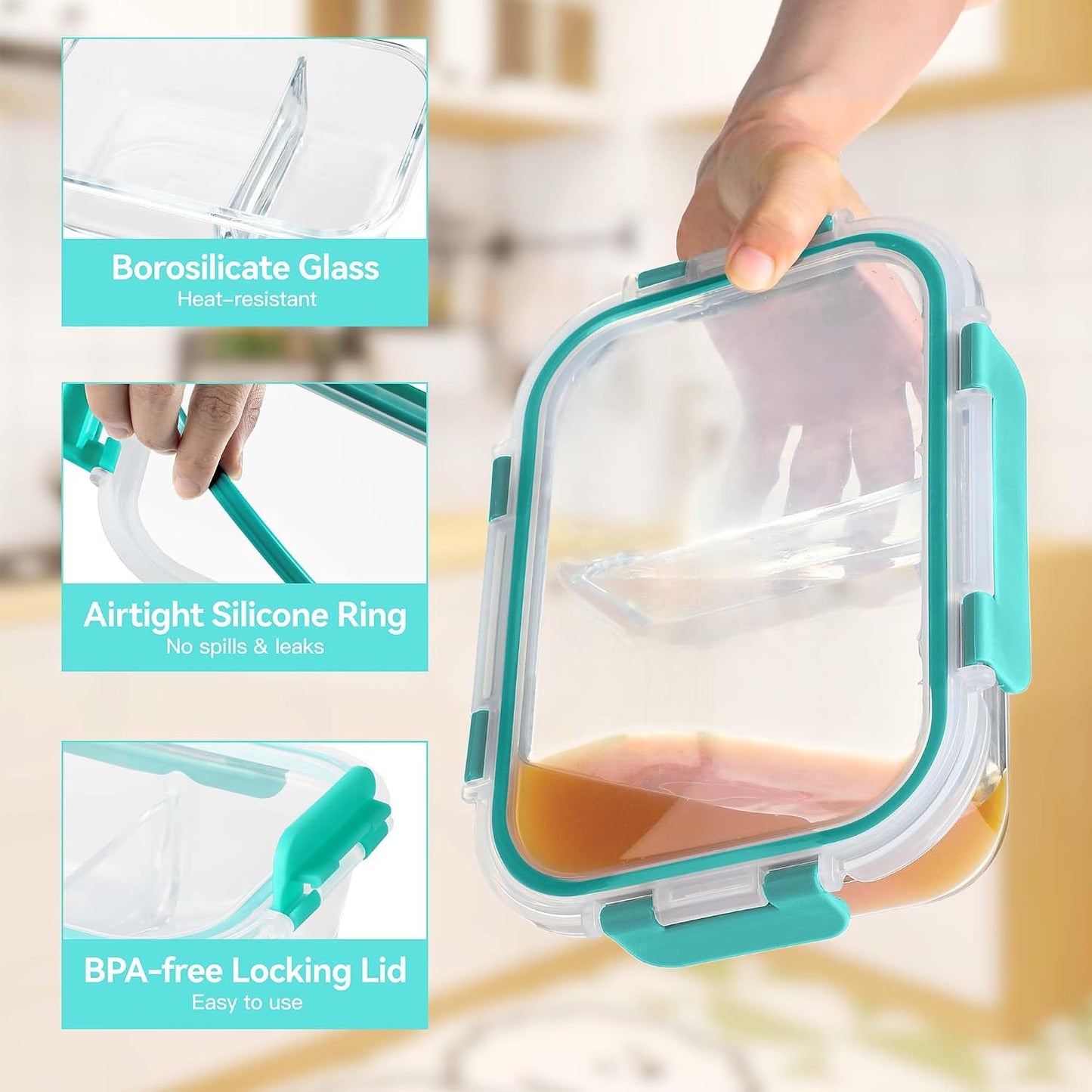 BAYZZ Glass Food Storage Containers, 5 Pack 35 Oz Glass Meal Prep Containers, Lunch Boxes with Airtight BPA-Free Lids, Microwave, Freezer and Dishwasher Safe
