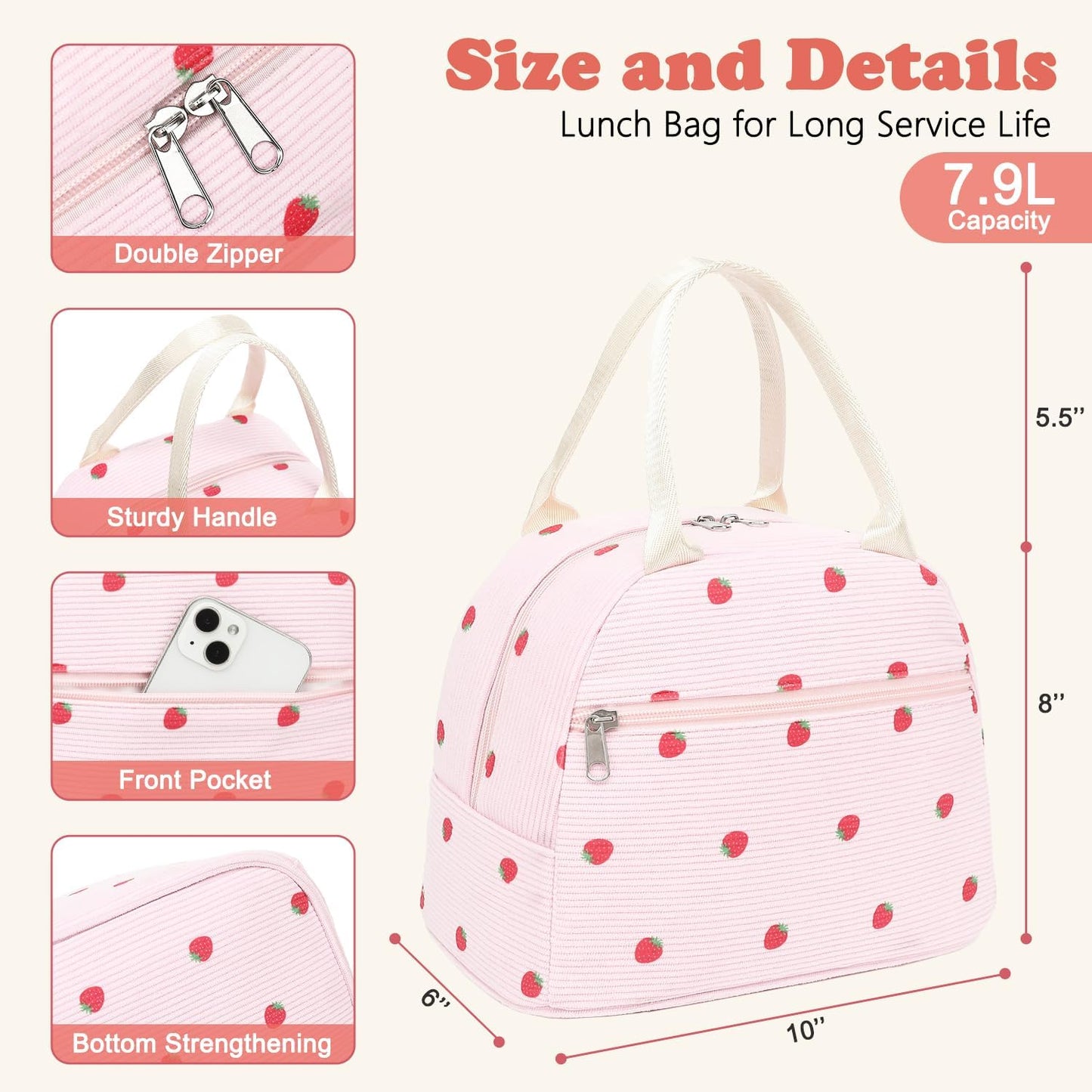 GYEUKHAM Lunch Bag Women, Lunch Box for Adult Men Kids Girls, Small Cute Lunchbox Tote Large Capacity Insulated Lunch Container Cooler for Work School Picnic Travel, Black White Stripes