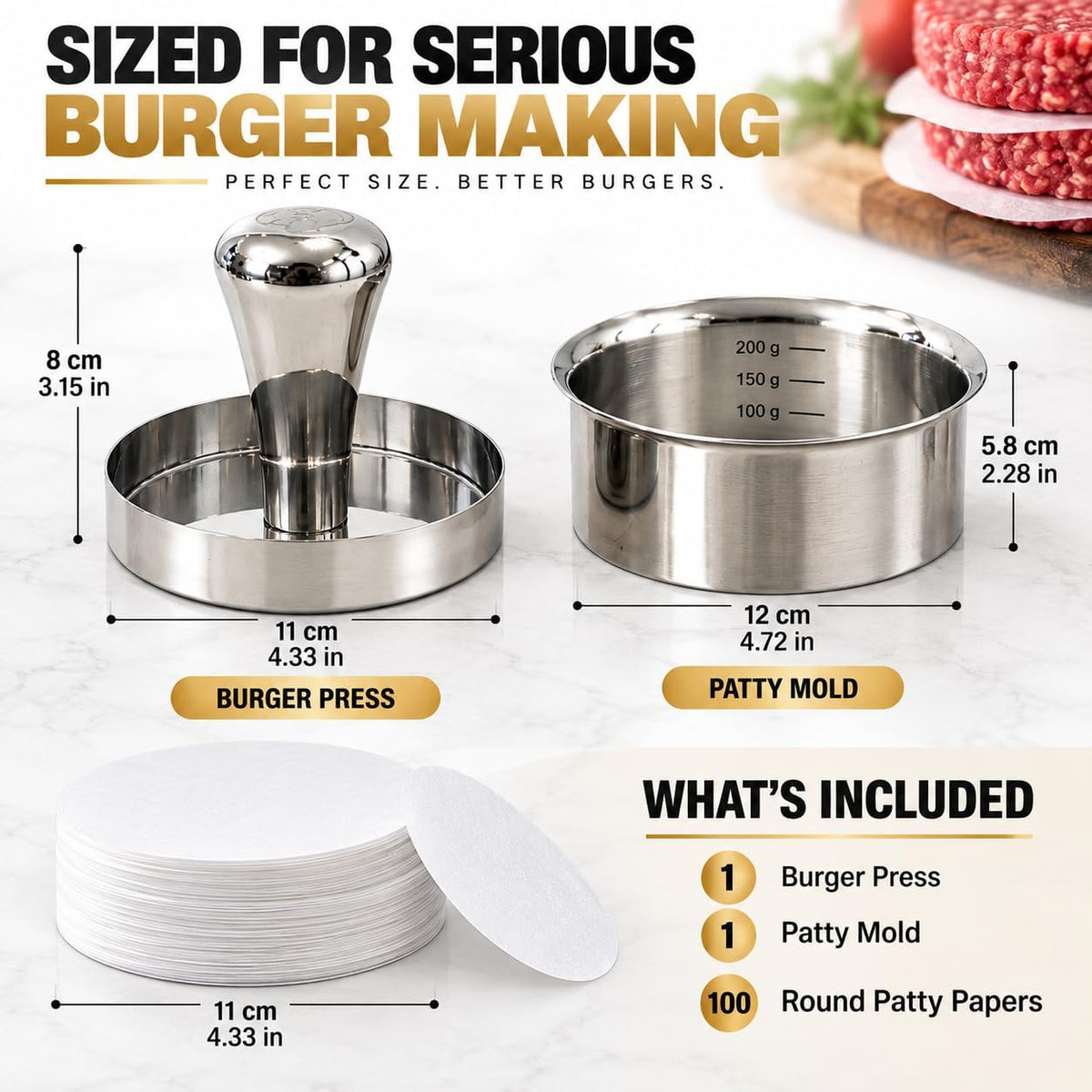 Stainless Steel Burger Press with Patty Ring – Multi-Purpose Meat & Veggie Patty Maker, Smash Burger Press, Food-Grade Stainless Steel, Dishwasher Safe, Gift Box Packaging