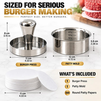 Stainless Steel Burger Press with Patty Ring – Multi-Purpose Meat & Veggie Patty Maker, Smash Burger Press, Food-Grade Stainless Steel, Dishwasher Safe, Gift Box Packaging