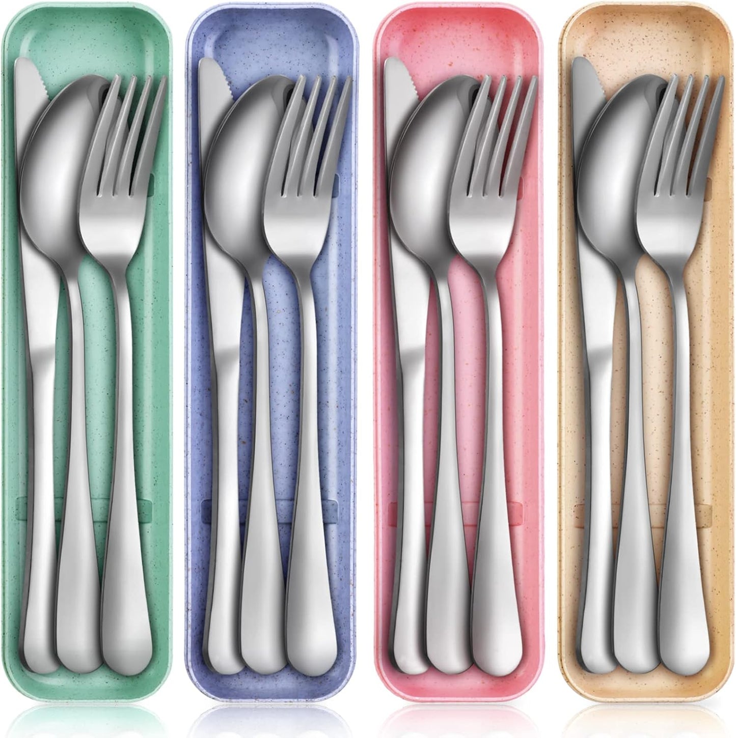 Yinkin 4 Pack Portable Travel Utensils Set with Case Reusable Stainless Steel Silverware Flatware Camping Cutlery Include Fork Spoon Knife for Work School Dishwasher Safe(White, Green, Red, Black)