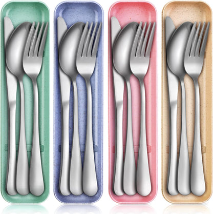 Yinkin 4 Pack Portable Travel Utensils Set with Case Reusable Stainless Steel Silverware Flatware Camping Cutlery Include Fork Spoon Knife for Work School Dishwasher Safe(White, Green, Red, Black)