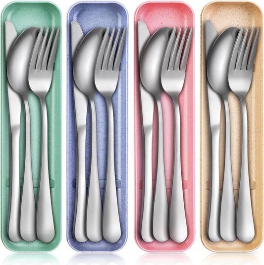 Yinkin 4 Pack Portable Travel Utensils Set with Case Reusable Stainless Steel Silverware Flatware Camping Cutlery Include Fork Spoon Knife for Work School Dishwasher Safe(White, Green, Red, Black)