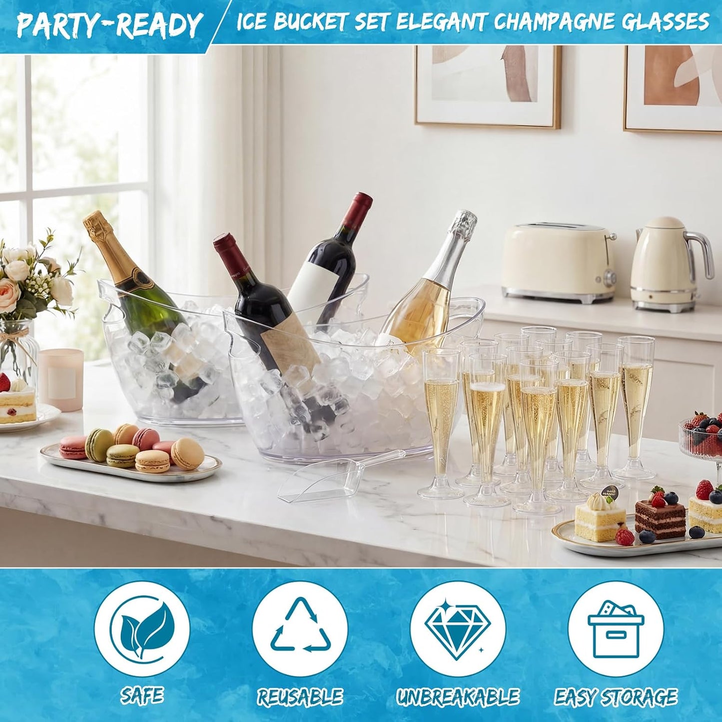 meekoo 104 Pcs Ice Buckets for Parties Set, 2 Pack 5.5l Clear Beverage Tub, 100 Pack 4.5oz Plastic Champagne Flutes, 2 Ice Scoops, Mimosa Bar Drink Supplies for Beer Wine Champagne Juice(Clear)