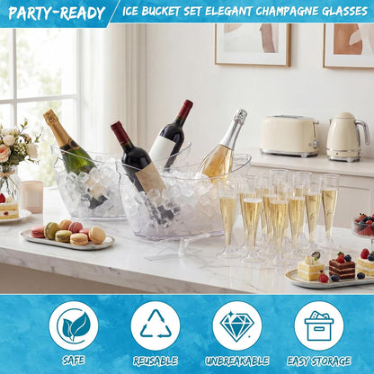 meekoo 104 Pcs Ice Buckets for Parties Set, 2 Pack 5.5l Clear Beverage Tub, 100 Pack 4.5oz Plastic Champagne Flutes, 2 Ice Scoops, Mimosa Bar Drink Supplies for Beer Wine Champagne Juice(Clear)