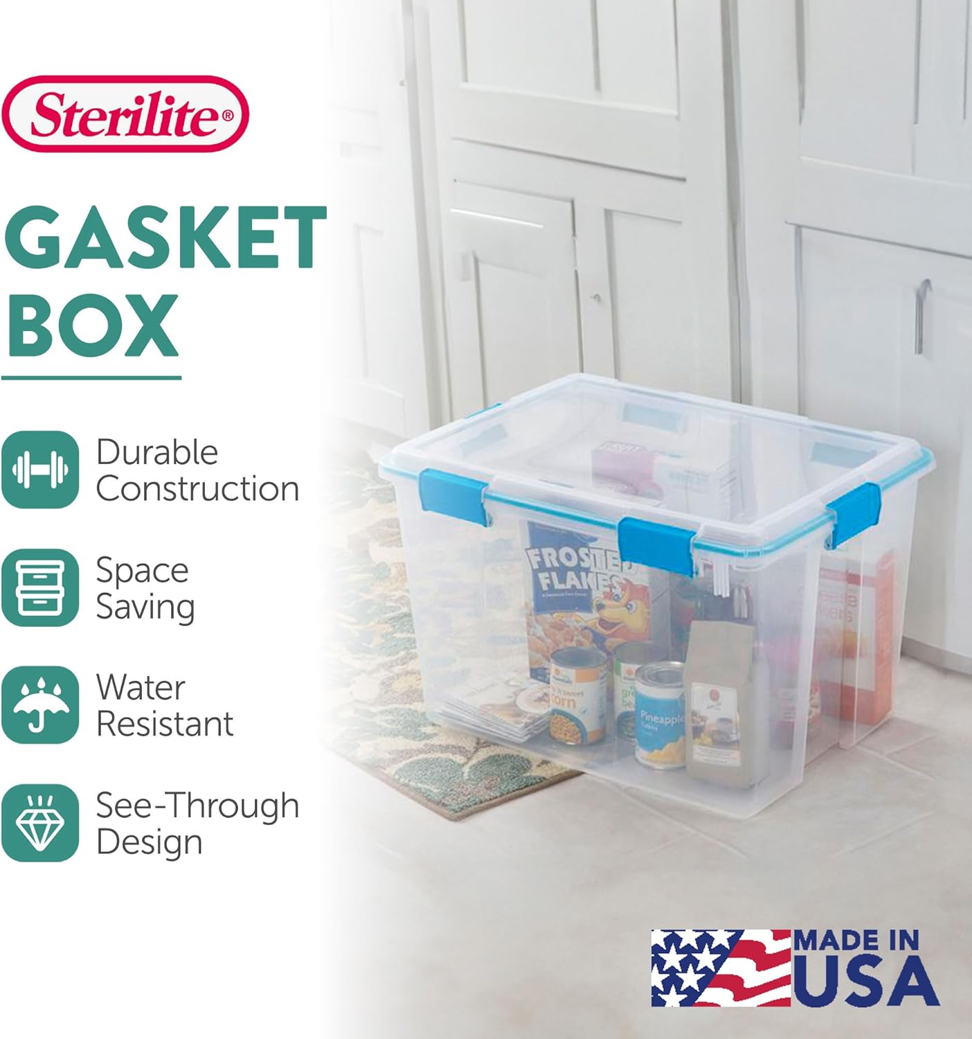 Sterilite 80 Qt Gasket Box, Stackable Storage Bin with Latching Lid and Tight Seal, Plastic Container to Organize Basement, Clear Base and Lid, 1-Pack