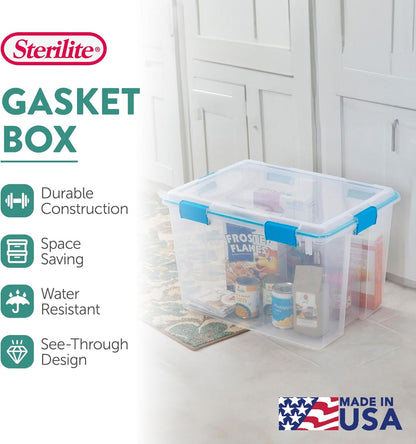 Sterilite 80 Qt Gasket Box, Stackable Storage Bin with Latching Lid and Tight Seal, Plastic Container to Organize Basement, Clear Base and Lid, 1-Pack