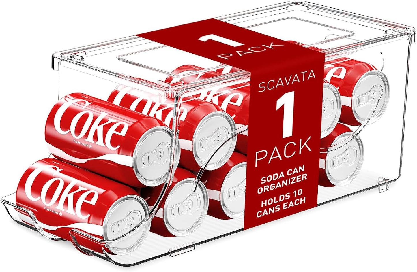 SCAVATA 2 Pack Stackable Refrigerator Organizer, Soda Can Dispenser Pop Cans Container Beverage Holder with Lid for Fridge, Freezer, Kitchen, Clear Plastic Storage Bins-Holds 10 Cans Each