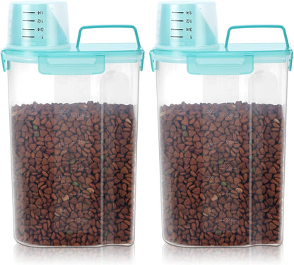 LEAWALK 3-5Lbs Airtight Small Cat Dog Pet Food Storage Containers BPA Free, with Large Pour Spout/1 Measuring Cup/ 4 Safety Locks and Double-layer Silicone Strip (Clear Black 2Pack)