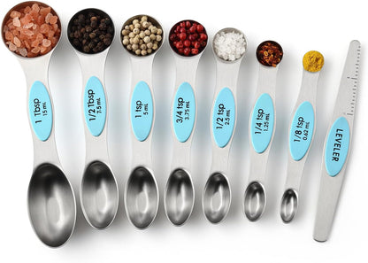 Spring Chef Stainless Steel Magnetic Measuring Spoons Set with Strong N45 Magnets, Heavy Duty Metal Kitchen Gadgets for Baking & Cooking, Fits in Most Kitchen Spice Jars, Set of 8 with Leveler, Black