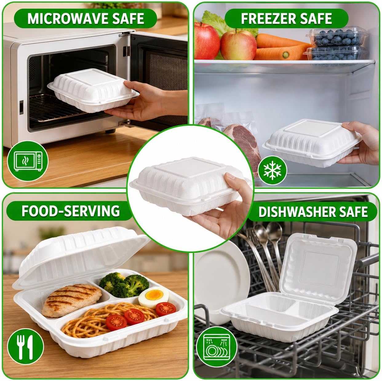 50Pack 8" X 8" 3-Compartment Clamshell To Go Food Containers With Secure Snap Lids - Heavy Duty Take out Containers Disposable To Go Plate For Carryout Meal Prep Catering (Black 3-Compartment)