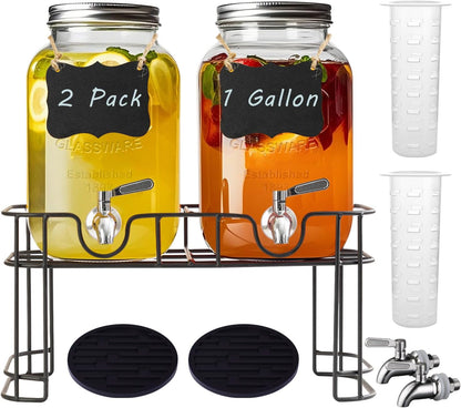 1 Gallon Glass Drink Dispenser with Stand,2 Pack Glass Beverage Dispenser with Stainless Steel Spigot,Water Lemonade Dispenser for Parties