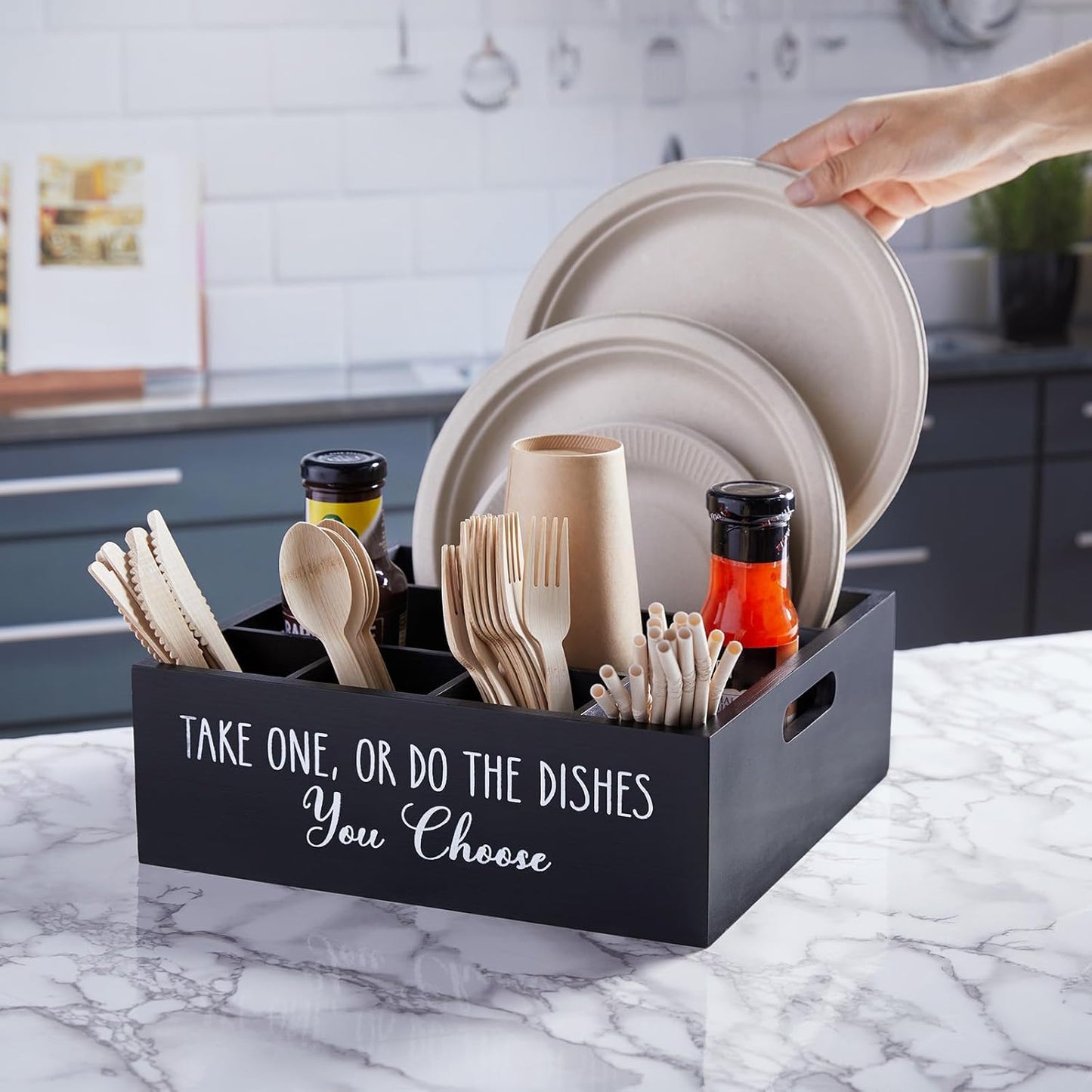 ALELION Acacia Wood Utensil Holder for Party - Paper Plate Organizer for Countertop - Silverware Caddy with 6 Compartments for Plate, Cup, Fork, Spoon - Cutlery Holder for Kitchen Camping Buffet