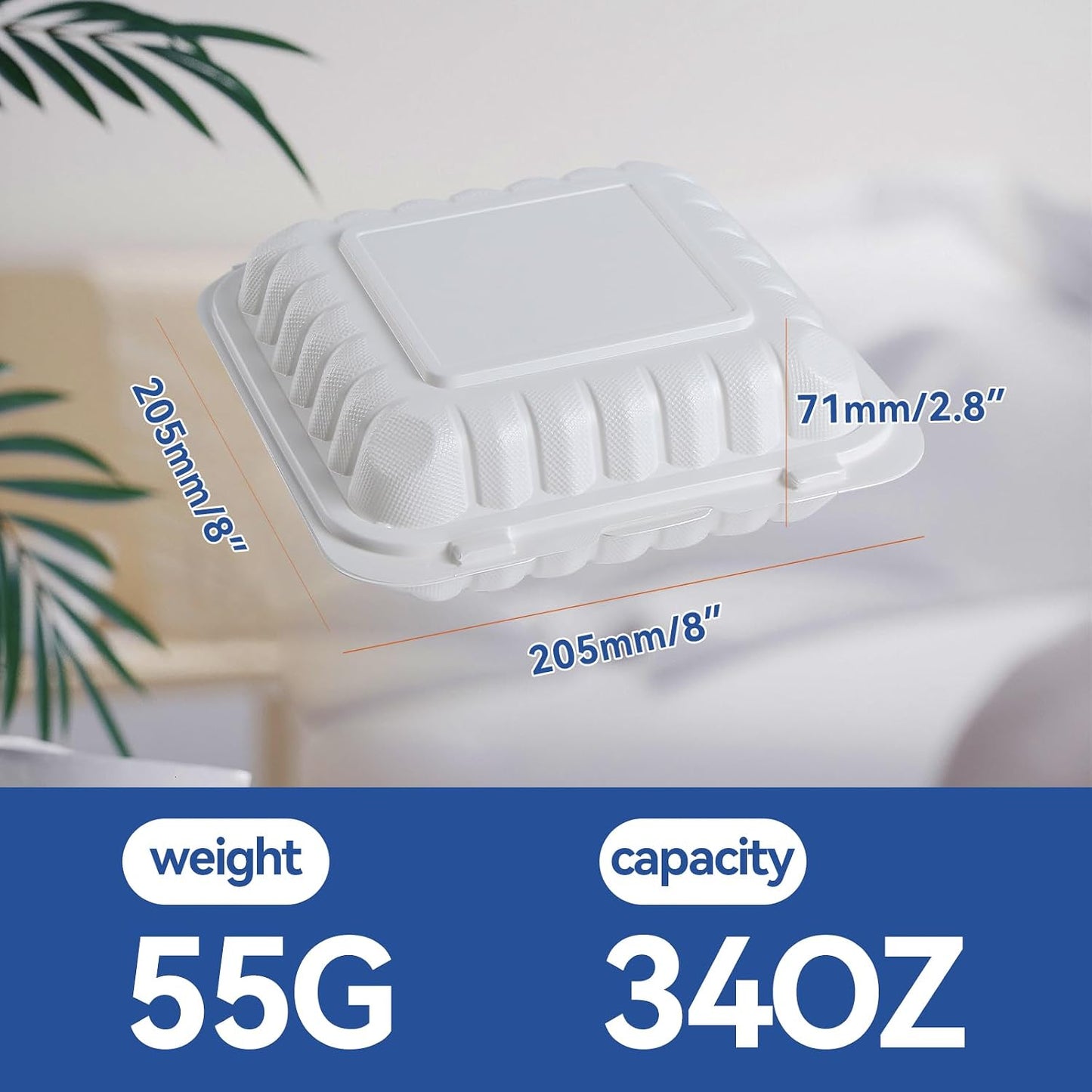 Food Containers 7.8" 30 oz 65 Pack - BPA Free Mineral Filled PP Plastic | 3 Compartment Shrink Wrap Clamshell Stackable | Reusable Freezer & Microwave Safe | White Commercial Takeout Boxes