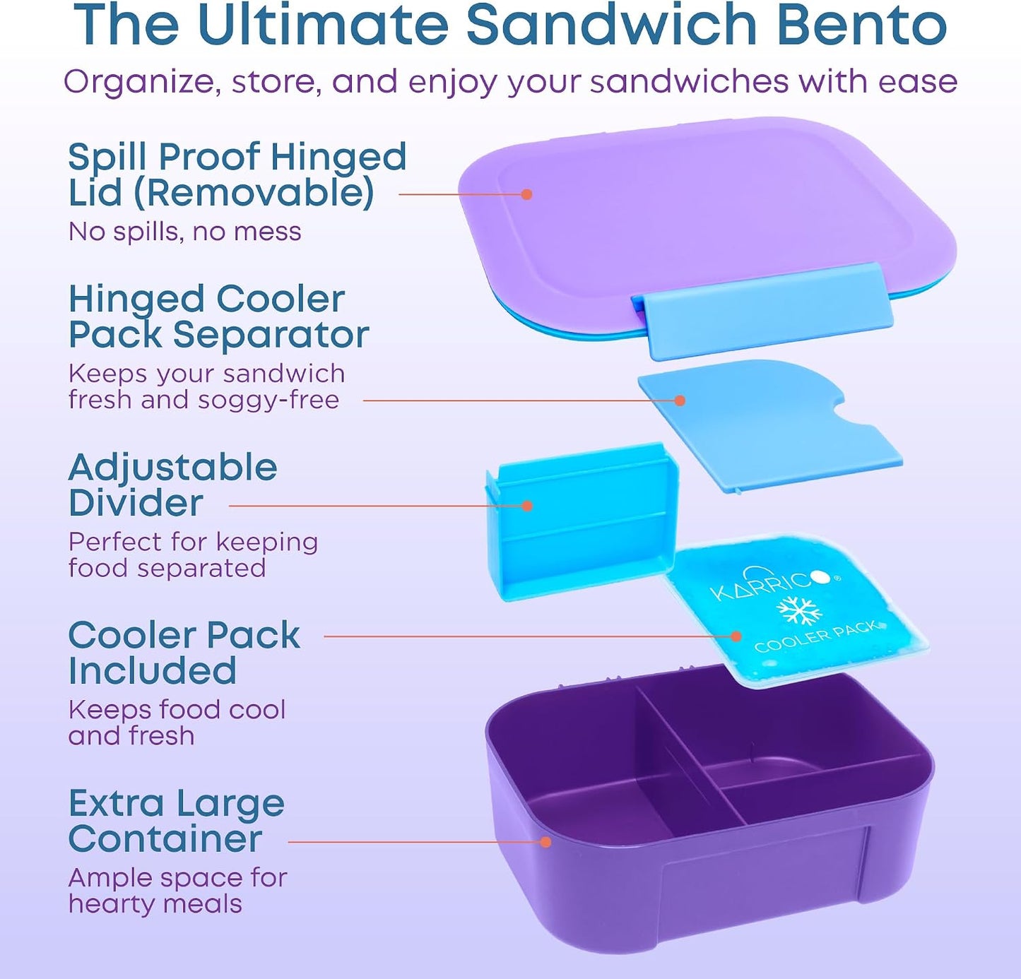 KARRICO Leakproof Lunch Box – 3-Compartment Bento Box, Cooler Pack & Adjustable Divider, Extra Large & BPA-Free – Dishwasher Safe, Ideal for On-the-Go Meals, Green