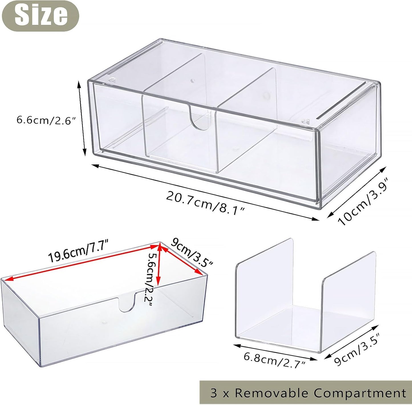 Acrylic Pencil Drawer with Removable Dividers Clear Pull Out Pen Drawer Organizer Stackable Bathroom Organizer for Makeup, Cosmetics, Office Supplies,3 Pack