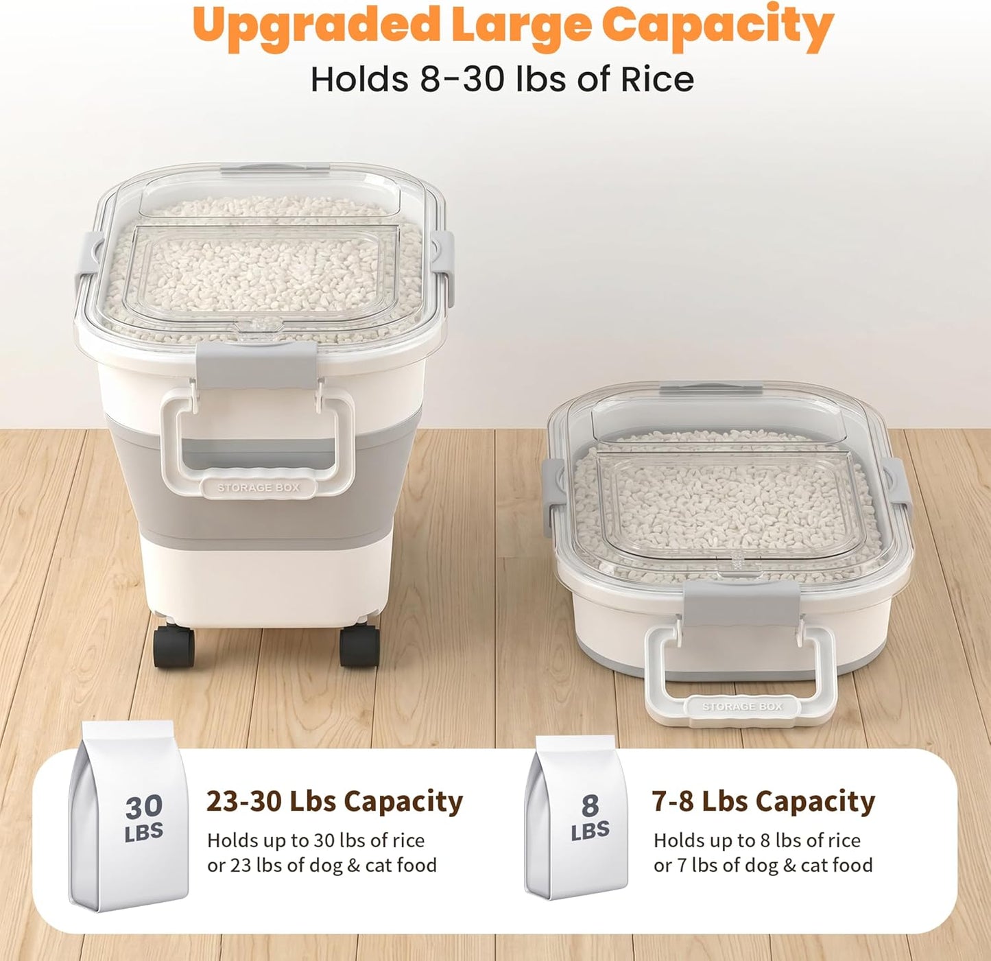 30 Lbs Rice Storage Container with Wheels, Collapsible Airtight Dog Food Storage Container with Transparent Lid, Measuring Cup, Scoop, Handle, BPA Free Rice Holder for Pet Food, Grain, Bird Seed