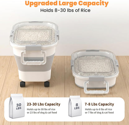 30 Lbs Rice Storage Container with Wheels, Collapsible Airtight Dog Food Storage Container with Transparent Lid, Measuring Cup, Scoop, Handle, BPA Free Rice Holder for Pet Food, Grain, Bird Seed