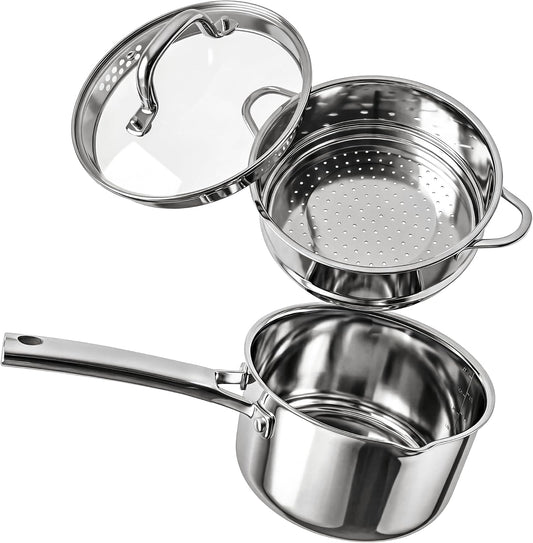 2.5 QT Tri-Ply Stainless Steel Saucepan, Steamer pot for cooking