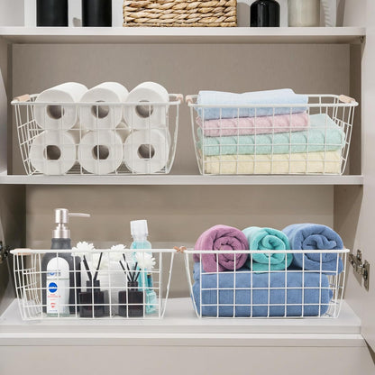 Wire Basket 4 Pcs Wire Storage Baskets Wire Baskets Organizing with Wooden Handles Wire Basket Pantry Organization and Storage Metal Wire Food Storage Basket for Kitchen, Cabinets (Black 4PCS)