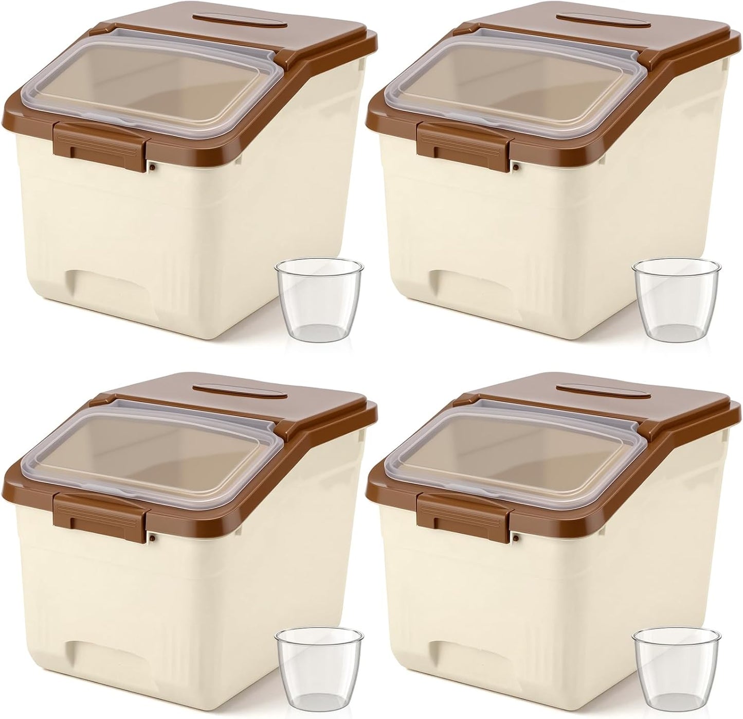 Blushtier 4 Pack Large Rice Storage Containers 30 Lbs Airtight Flour Container with Seal Locking Lid and Measuring Cup Kitchen Dry Food Storage Bins for Cereal Sugar Beans(Transparent White)