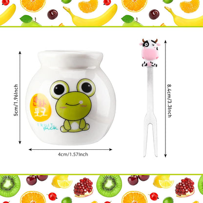 12 Pcs Food Picks for Kids with 2 Ceramic Jars Set of 2 Cute Cartoon Animal Fruit Forks Kids Toothpicks Stainless Steel Bento Picks for Kids with Silicone Handles Back to School Party Supplies