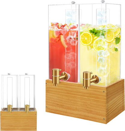 Beverage Dispenser with Stand, 4 Gallon Dual Drink Dispenser Stand, Large Drink Dispenser for Party, Wood Stand