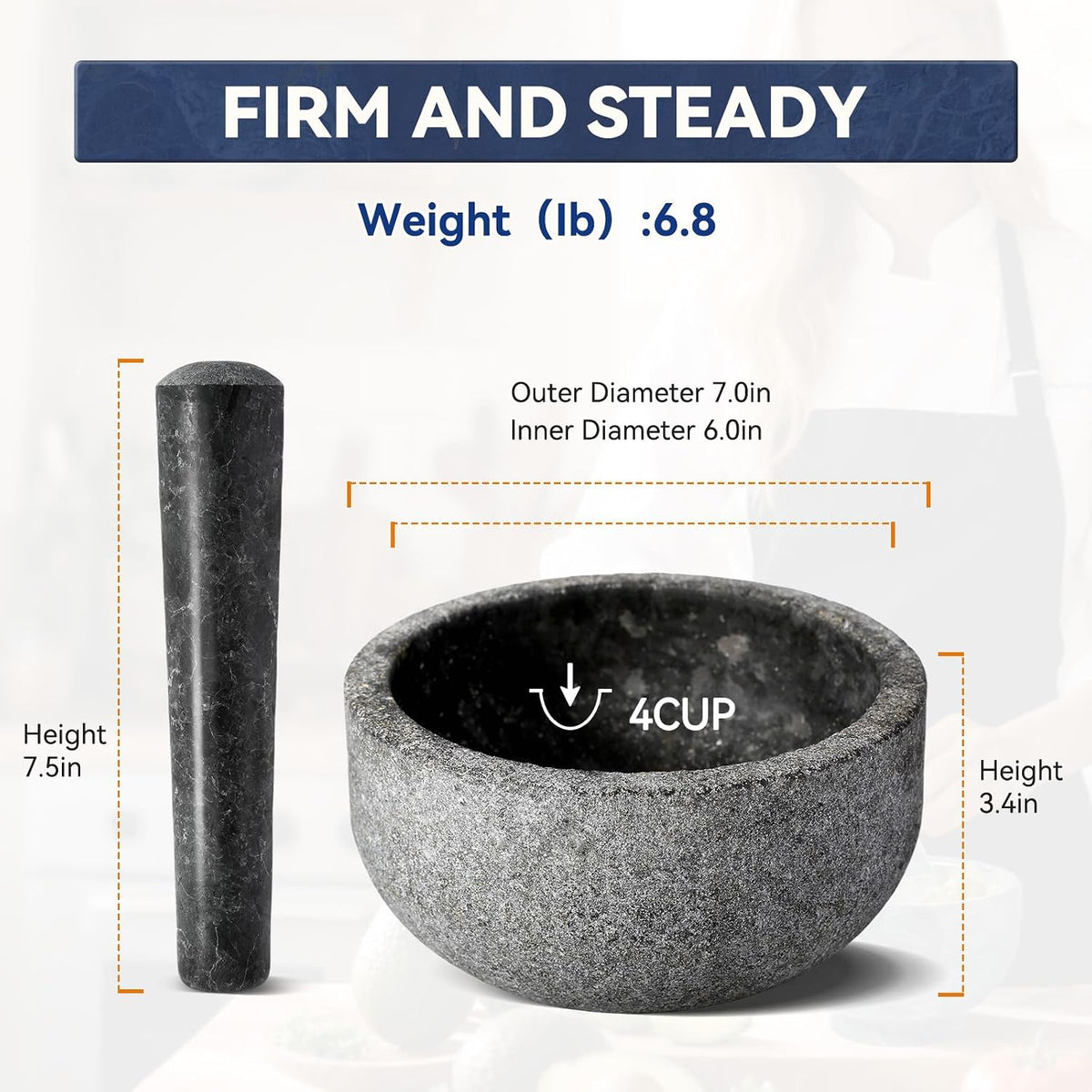 Koville Luxury Marble Mortar and Pestle Set, 7"-4cups Grinder Bowl for Guacamole, Salsa, Pill Crusher, Spice, Herb, Garlic, Nut, Heavy Duty Grinder for Kitchen