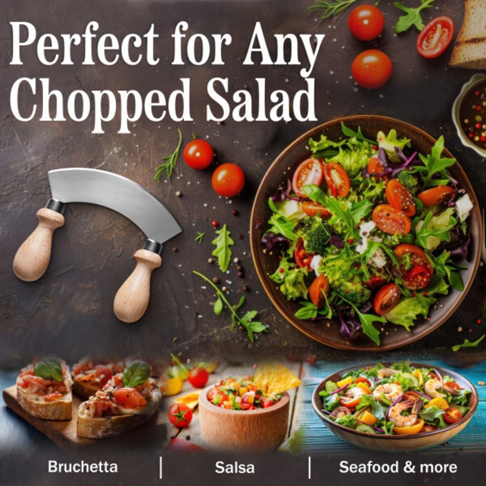 5.6” Stainless Steel Mezzaluna Knife - Salad Chopper, Pizza Cutter Rocker Blade, or Slicer Vegetable Cutter - Curved Mincing and Chopping Knife with Double Handles by Classic Cuisine
