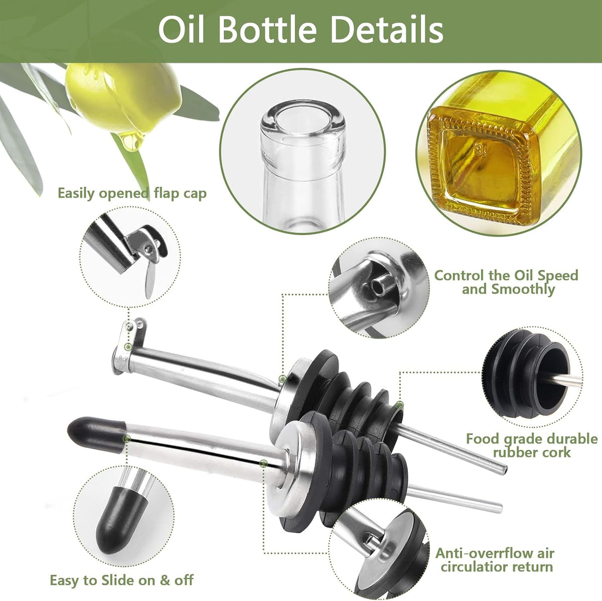 Leaflai 17oz Olive Oil Dispenser Bottle, 500ml Oil & Vinegar Cruet with 2 Stainless Steel Pourers, 2 Labels,1 Brush and 1 Funnel for Kitchen