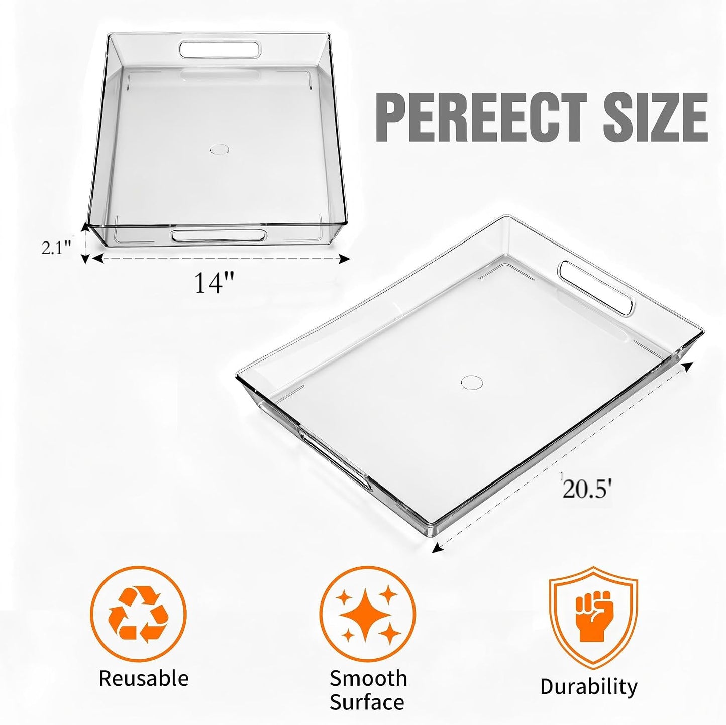 Clear Plastic Serving Tray with Handles, BPA-Free Storage Organizer Tray - Large Serving Trays 16"x11.5" Reusable Serving Platters for Appetizer, Fruit, Kitchen, Desk & Serving Tray for Party Supplies