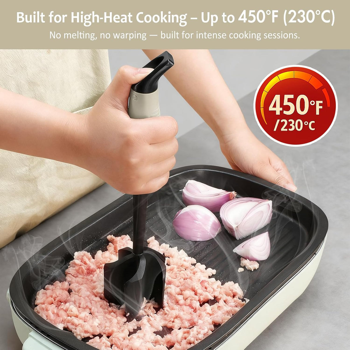 Ourokhome Meat Chopper and Potato Masher, Heat Resistant Nylon Ground Beef Smasher for Hamburger, 5 Curved Blades Nonstick Safe Mixer & Stirrer, Practical Kitchen Gadgets, Mint