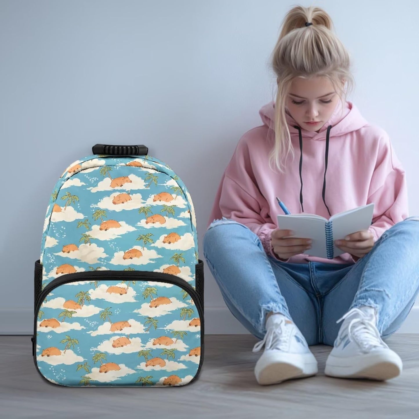 Cute Capybara Pizza Backpack for Girls, 5 Pcs Boys School Bag Set for Kids, 17 Inch Backpacks Lunch Pencil Box Reusable Utensils Case Set for Middle Elementary School, 3rd Grade Backpack