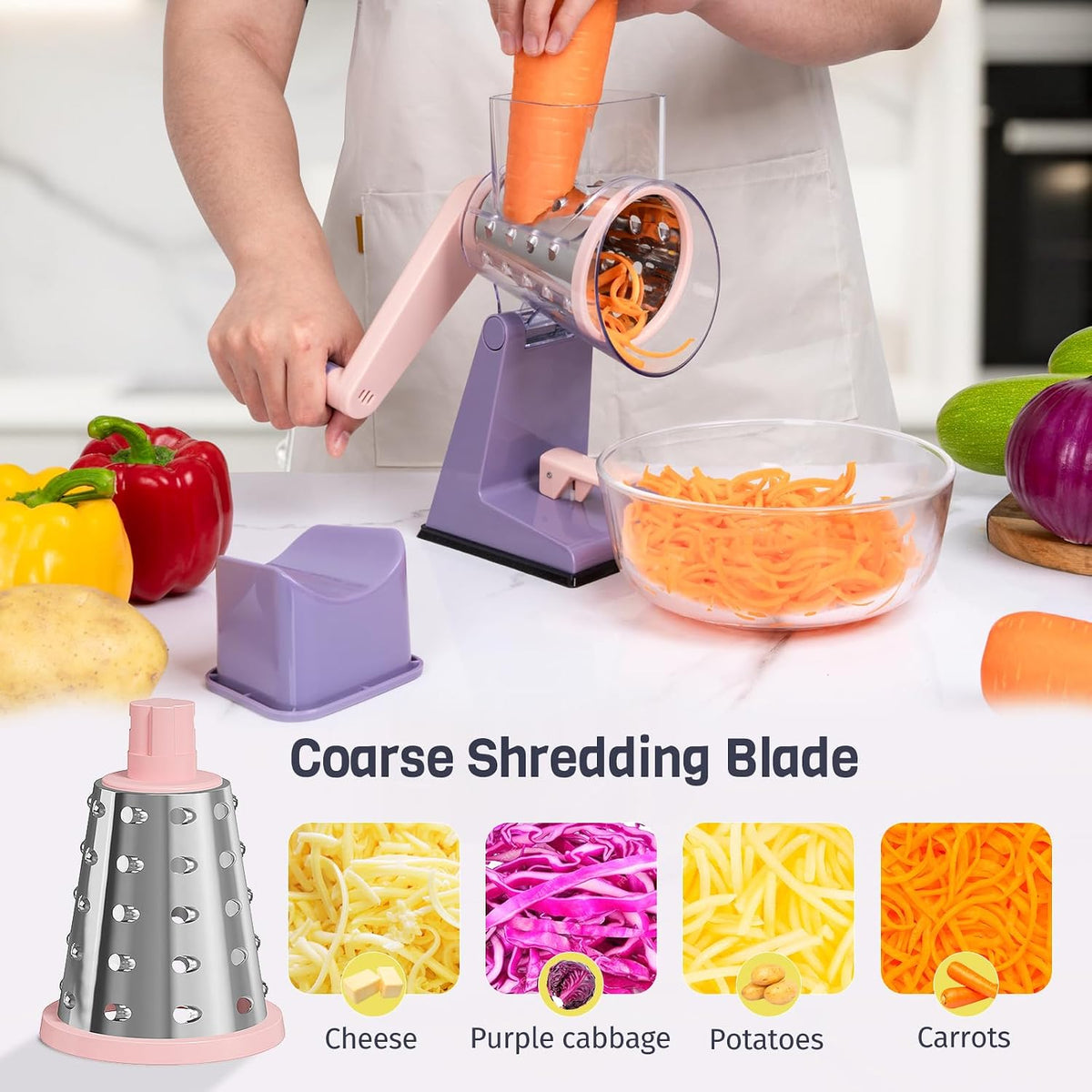 Upgraded Rotary Cheese Grater, Hand Crank, Pinkish Purple