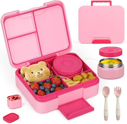 Bento Box Set with 9.5oz Soup Thermo Kids Leak-proof Lunch Box Container with 4 Compartment Stainless Steel Insulated Hot Food Jar with Bag for School Travel - Pink