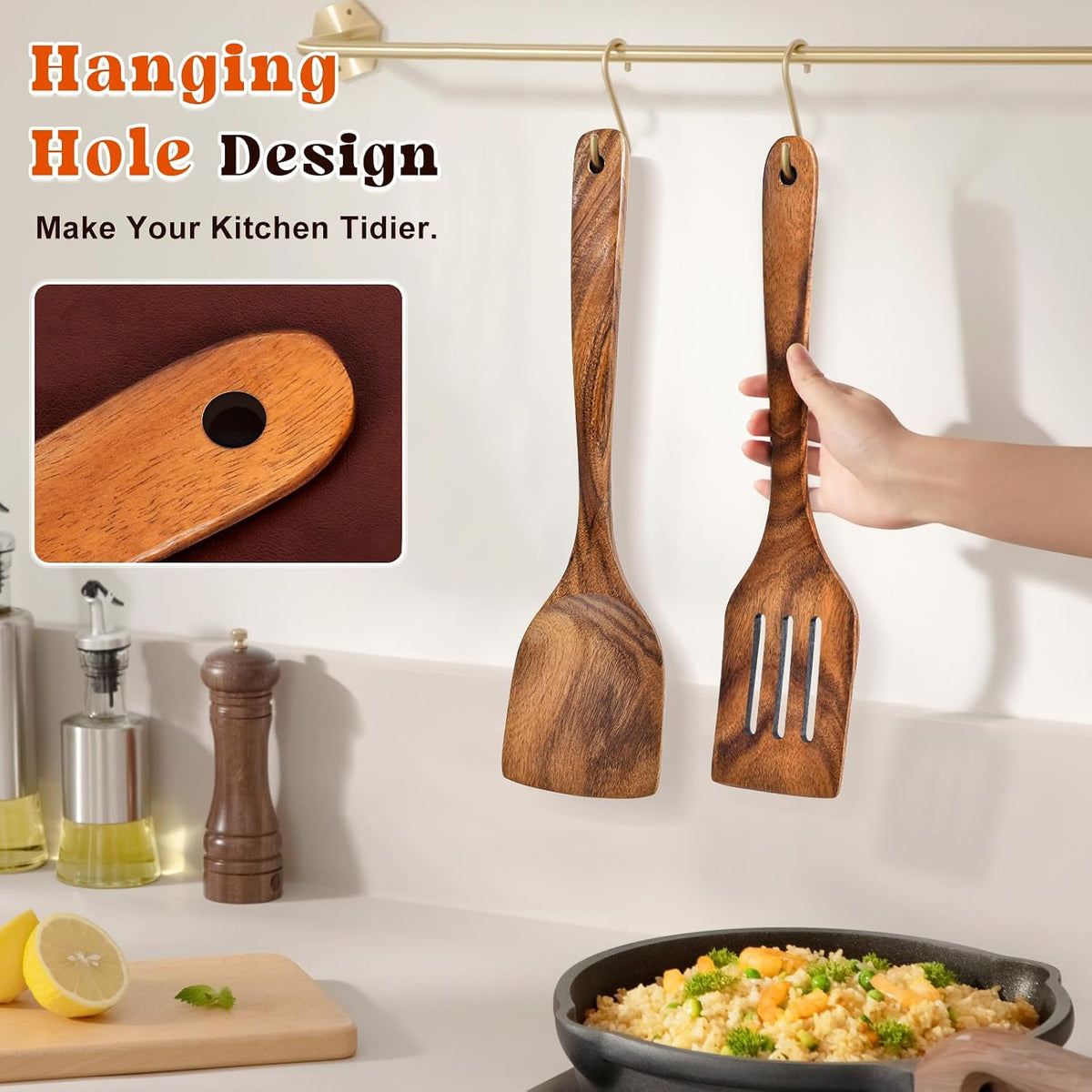 Wooden Spatula, Acacia Solid & Slotted Turner Spatula Set, Long Handle Flat Frying Spatulas, Ideal Kitchen Gift for Mother and Grandma, Kitchen Utensils Set for Cooking, Frying, Baking