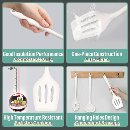 E-far Silicone Cooking Utensils Set, 7-Piece Black Heat Resistant Kitchen Utensils Set, Kitchen Nonstick Tools Spatula Ladle Spoon Pasta Server for Non-stick Cookware, Non-Toxic & Dishwasher safe