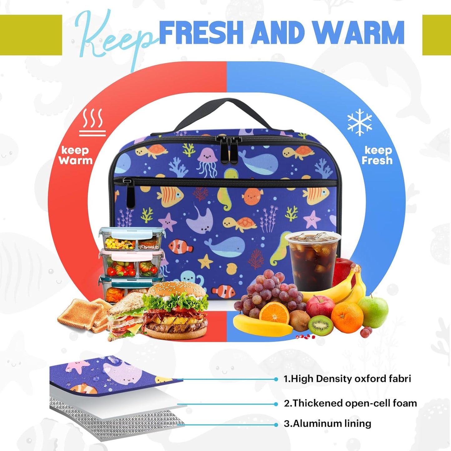 Lunch Box Kids, Lunch Bags for Women Men, Insulated Cooler Reusable Cute Lunch Containers for Boy & Girls, Adults Leak Proof Large Lunch Tote Bags for School, Work, Travel, Picnic Outdoor and Beach
