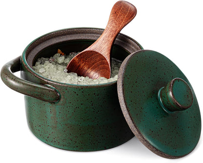 Honeydak Speckled Ceramic Salt Cellar with Lid and Wooden Spoon, Rustic Farmhouse Salt Pepper Cellar Holder for Mothers Day, Housewarming Gift, Heavyweight Spices Jar (Green)