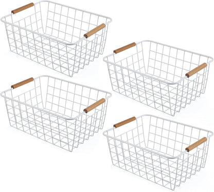 Black 2PCS Wire Storage Baskets with Wooden Handles - Organizing Pantry and Kitchen Cabinets - Metal Wire Food Storage Basket