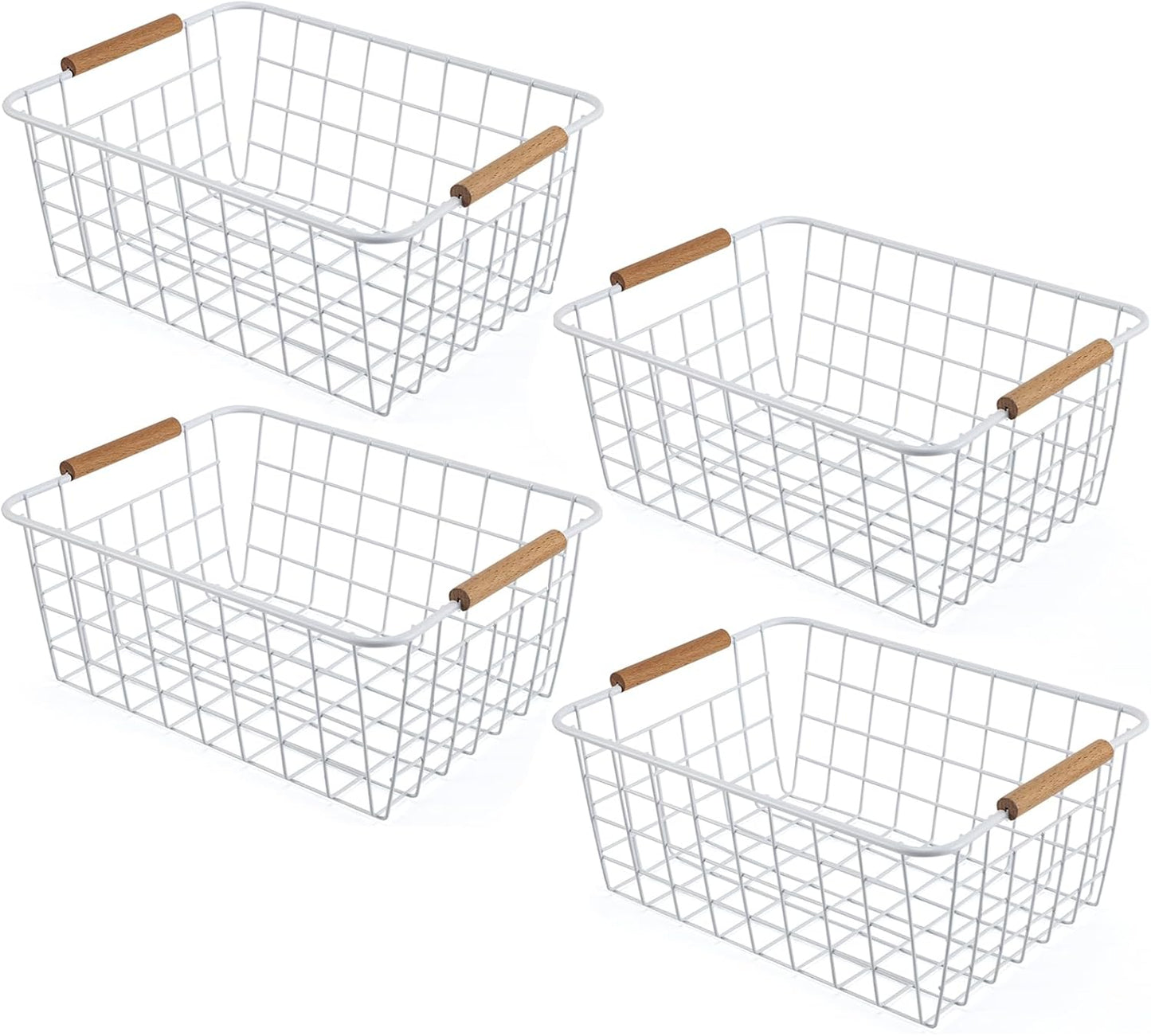 Wire Basket 4 Pcs Wire Storage Baskets Wire Baskets Organizing with Wooden Handles Wire Basket Pantry Organization and Storage Metal Wire Food Storage Basket for Kitchen, Cabinets (Black 4PCS)