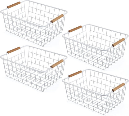 Wire Basket 4 Pcs Wire Storage Baskets Wire Baskets Organizing with Wooden Handles Wire Basket Pantry Organization and Storage Metal Wire Food Storage Basket for Kitchen, Cabinets (Black 4PCS)