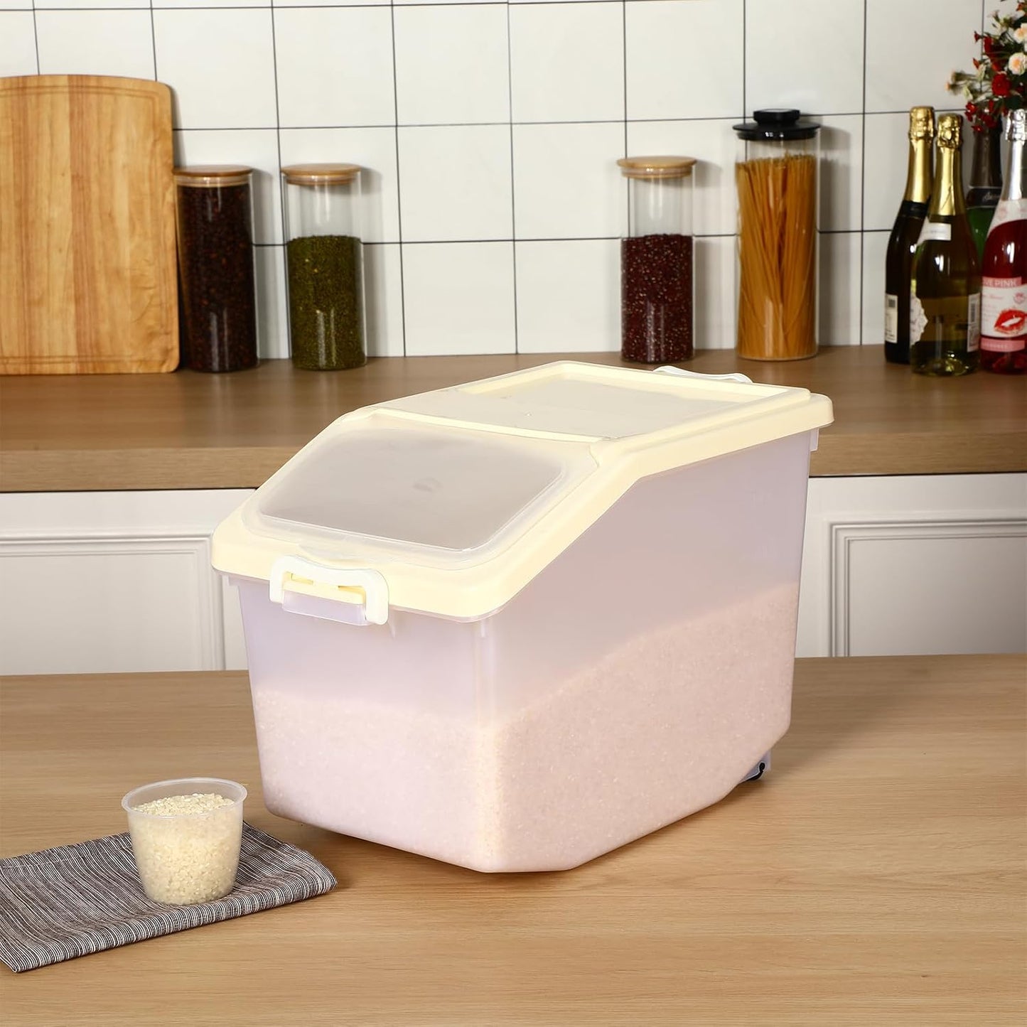 Sunnyray 4 Pcs Rice Storage Container Bulk 27.6 lb Airtight Flour Container with Wheels and Lids Measuring Cup Clear Pet Food Dog Birds Cat Food Bin Grain Cereal Organizer Box(Cream)