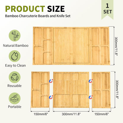 Bamboo Charcuterie Boards and Knife Set, 4 in 1 Long & Round Magnetic Extra Large Cheese Platter - Gifts for House Warming New Home, Bridal Shower, Wedding
